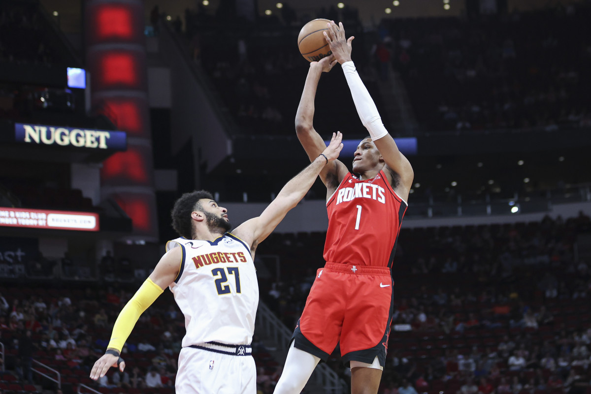 Troy Taormina-USA TODAY Sports, Rockets forward Jabari Smith Jr. shoots the ball as Denver Nuggets guard Jamal Murray.